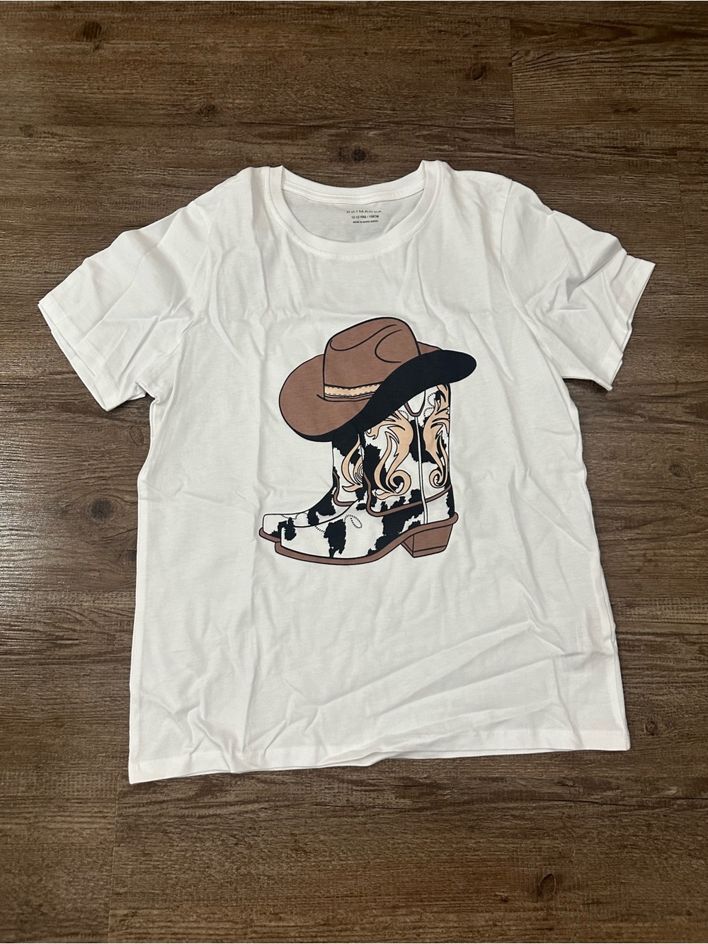 Kids White Graphic Tee with Cowboy Boot & Hat Print